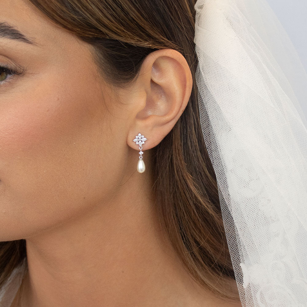Silver CZ Flower Drop Pearl Stud Earrings