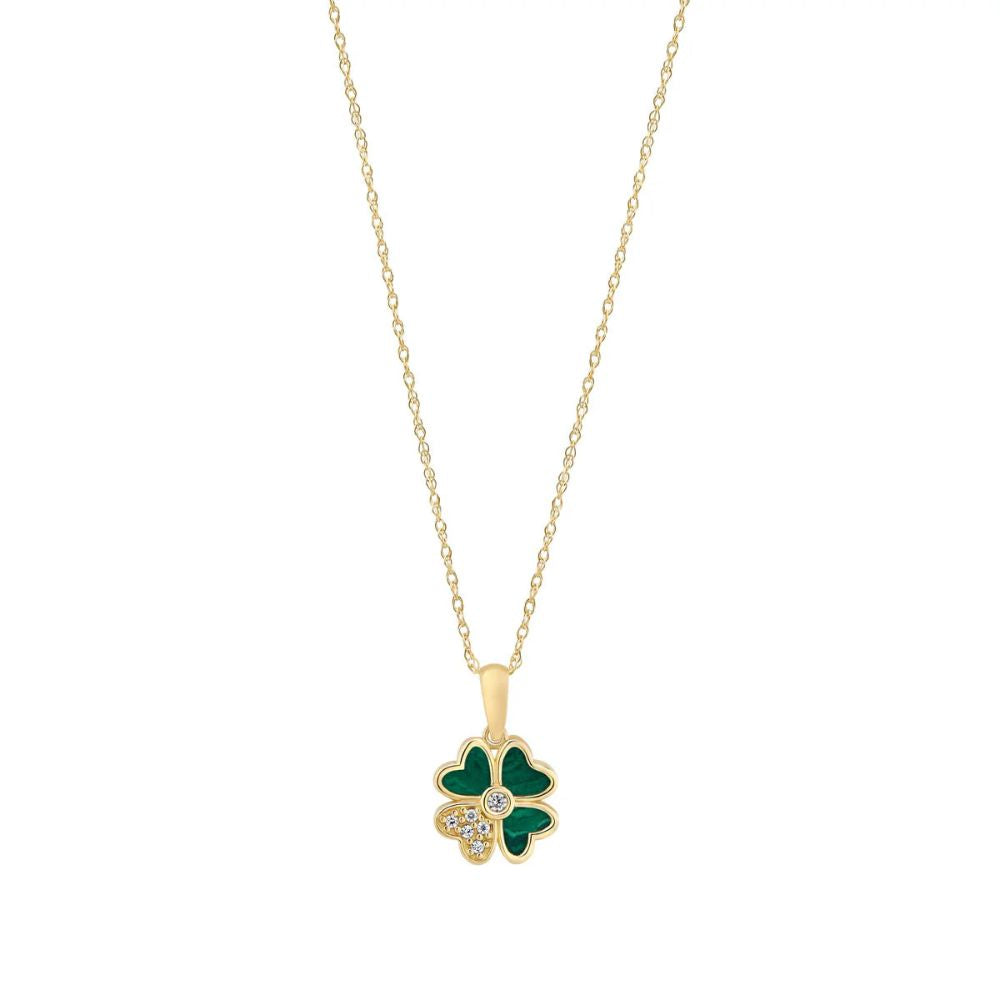 9ct Gold Malachite CZ Clover Necklace