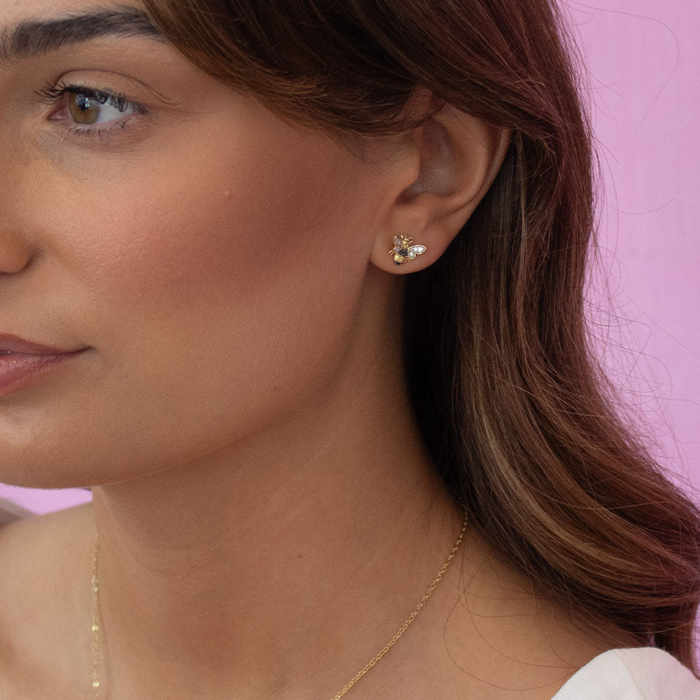 Gold Plated Honey CZ Bee Stud Earrings
