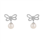 Load image into Gallery viewer, Silver CZ Bow Pearl Drop Earrings