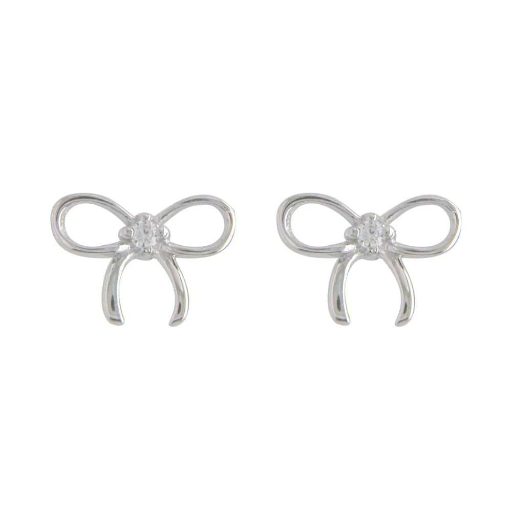 Silver Open Bow Centred CZ Stud Earrings
