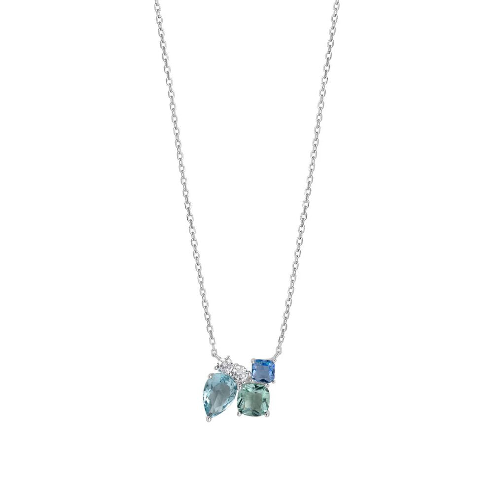 Silver Multi CZ Stone Blue and Green Pendant Necklace