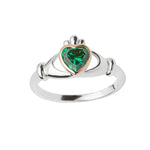 Load image into Gallery viewer, Silver and Rose Gold CZ Emerald Claddagh Ring