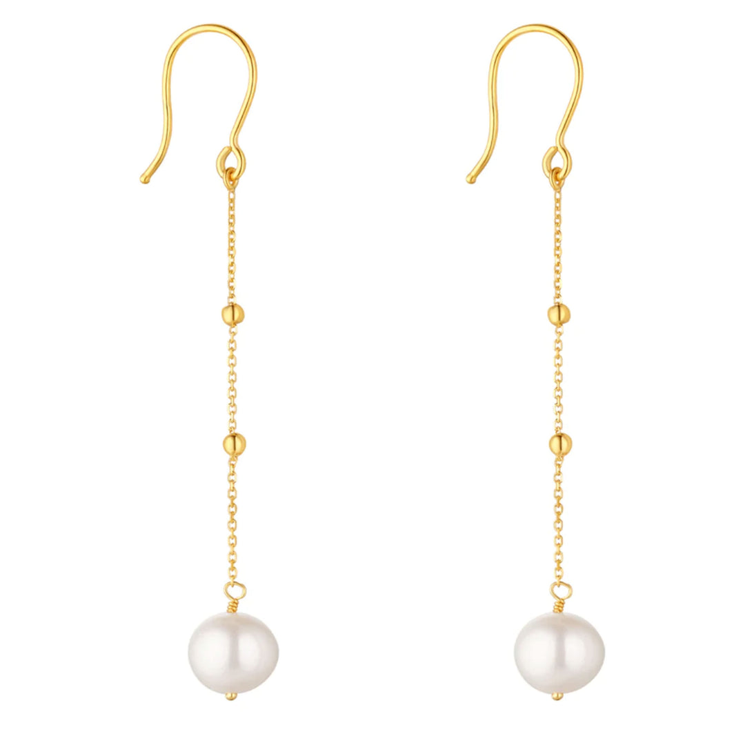 9ct Gold Pearl And Ball Chain Drop Earring