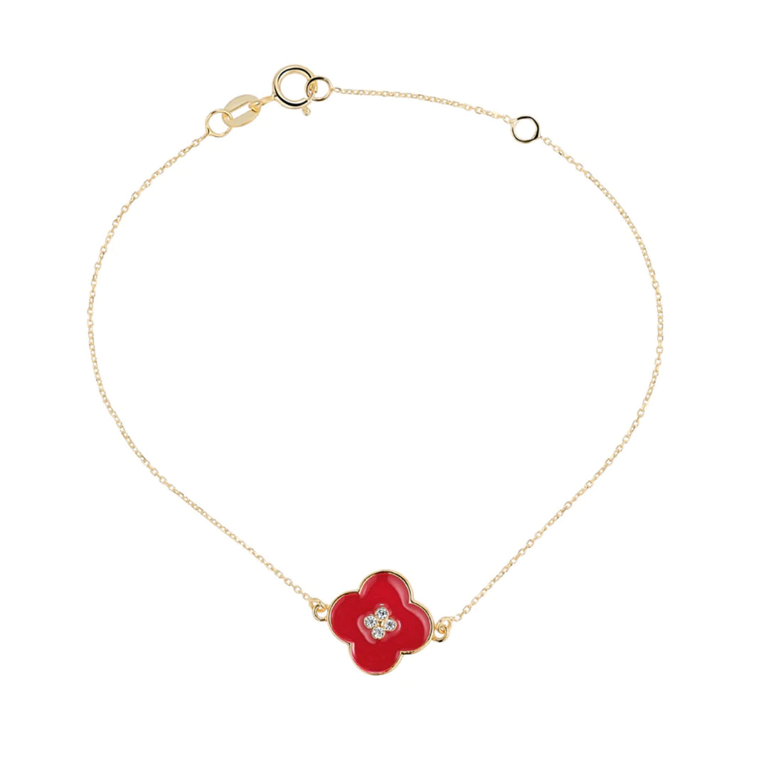 9ct Gold Red Enamel CZ Flower Bracelet