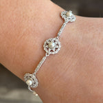 Load image into Gallery viewer, Silver Pearl Round Cluster CZ Linked Bracelet