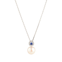 Silver CZ Edge Sapphire Centre Pearl Pendant Necklace