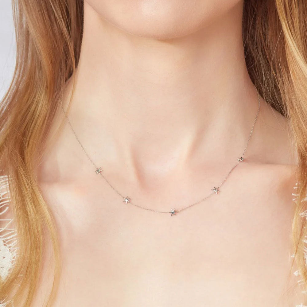 9ct White Gold Five Star Necklace