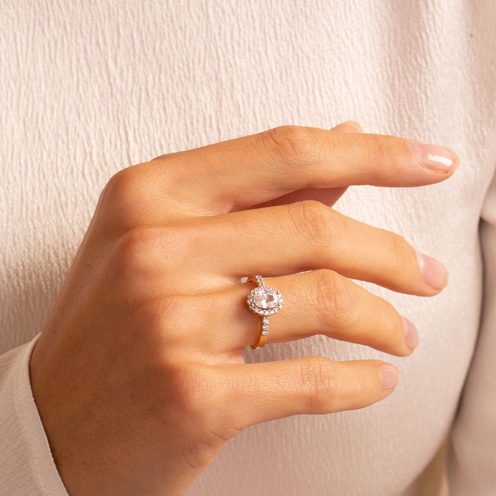 9ct Gold Oval CZ Halo Stone Set Ring