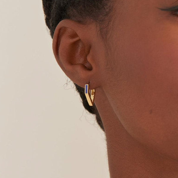 Gold Plated Lapis Angular Hoop Earrings