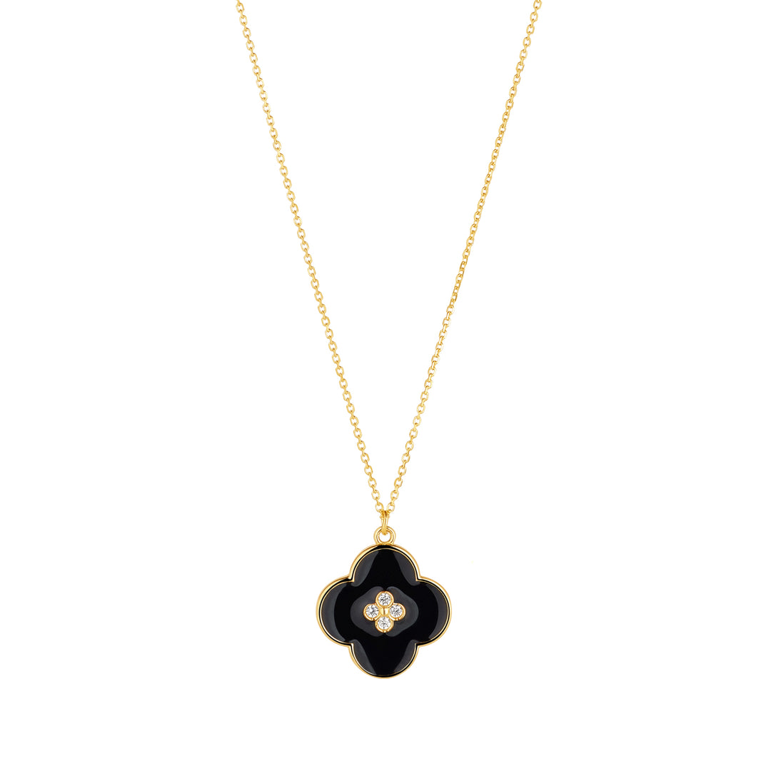 9ct Gold Black Enamel Flower CZ Necklace