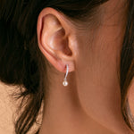 Load image into Gallery viewer, Silver CZ Huggie Freshwater Pearl Drop Earrings