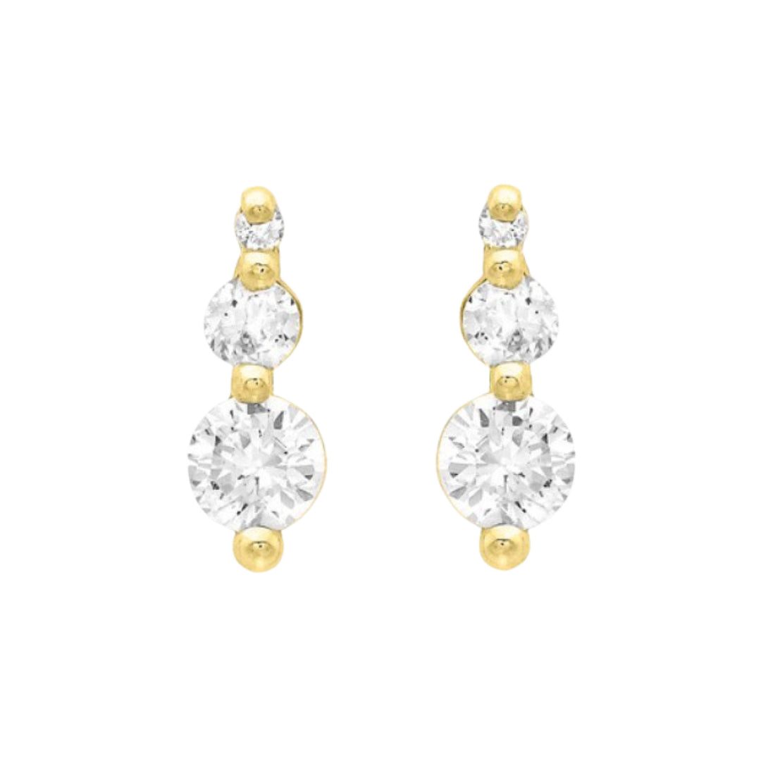 9ct Gold CZ Trilogy Bar Stud Earrings