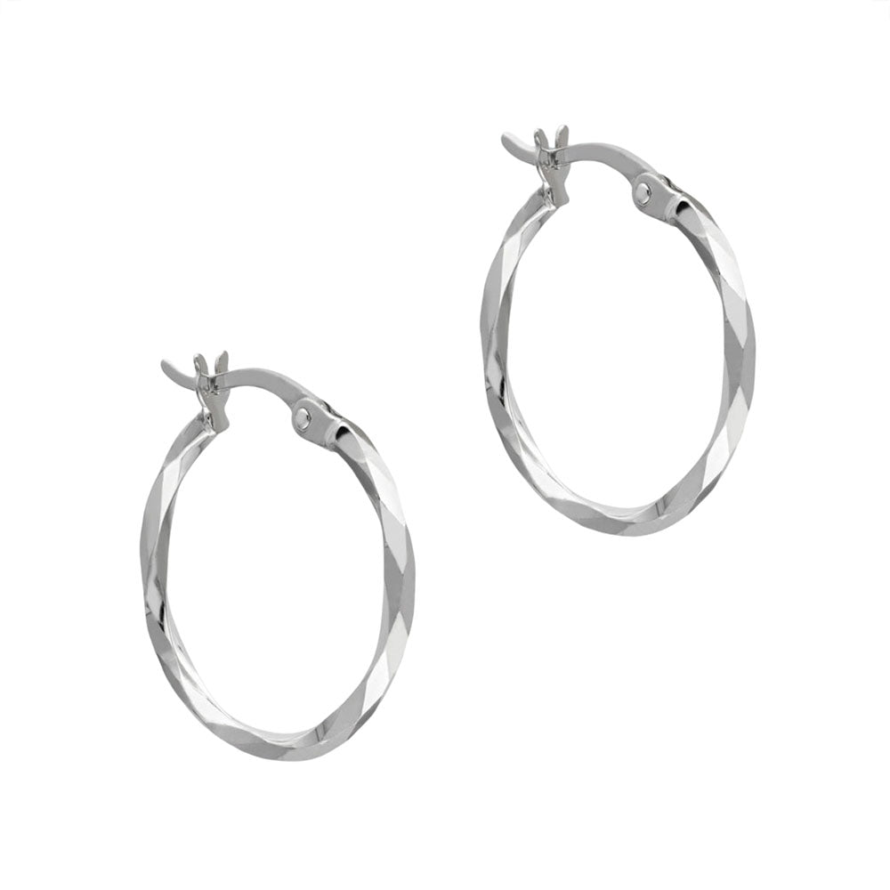 9ct White Gold Diamond Cut Faceted Hoop Earrings