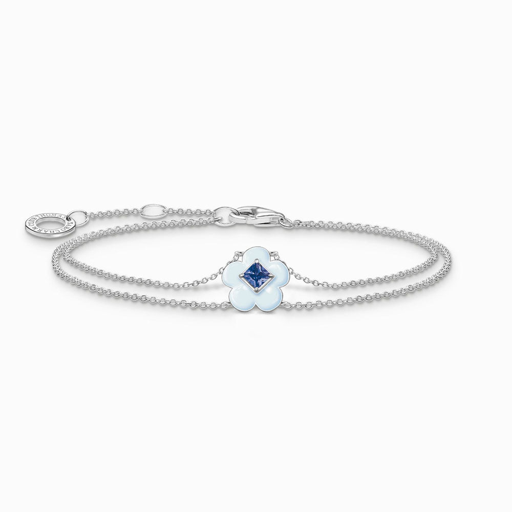 Silver Double Chain Powder Blue Flower Stone Bracelet