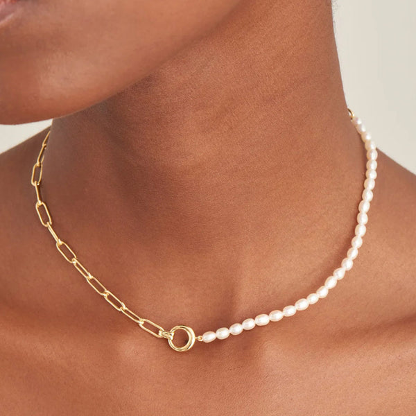 Gold Plated Pearl Chunky Link Chain Necklace