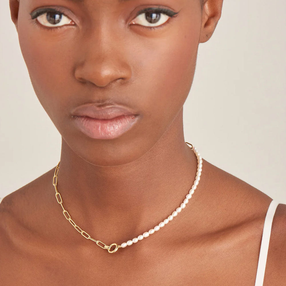 Gold Plated Pearl Chunky Link Chain Necklace