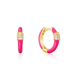 Load image into Gallery viewer, Gold Plated Neon Pink Enamel Carabiner Huggie Hoops
