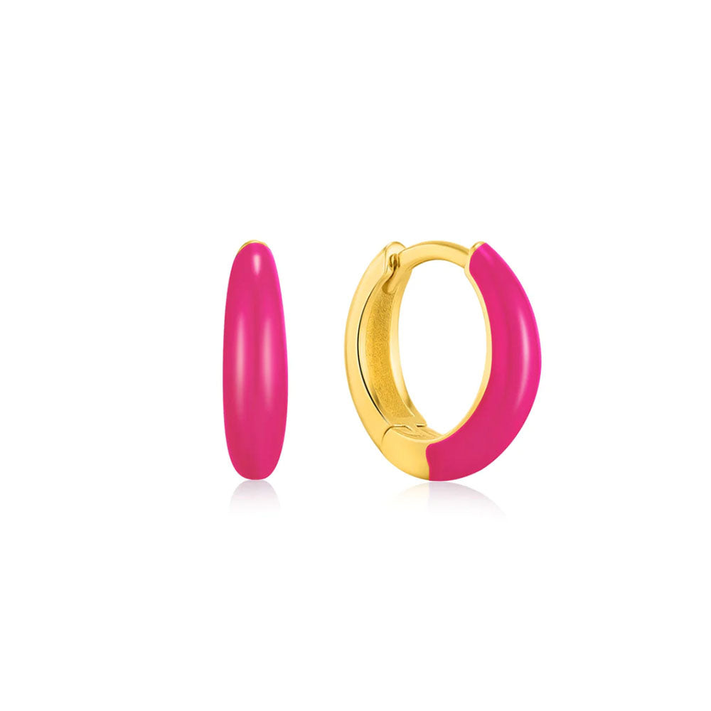 Gold Plated Neon Pink Enamel Sleek Huggie Hoop