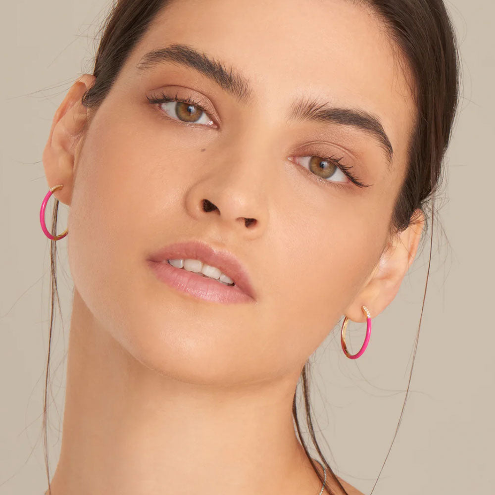 Gold Plated Neon Pink Enamel Sparkle Hoop Earrings