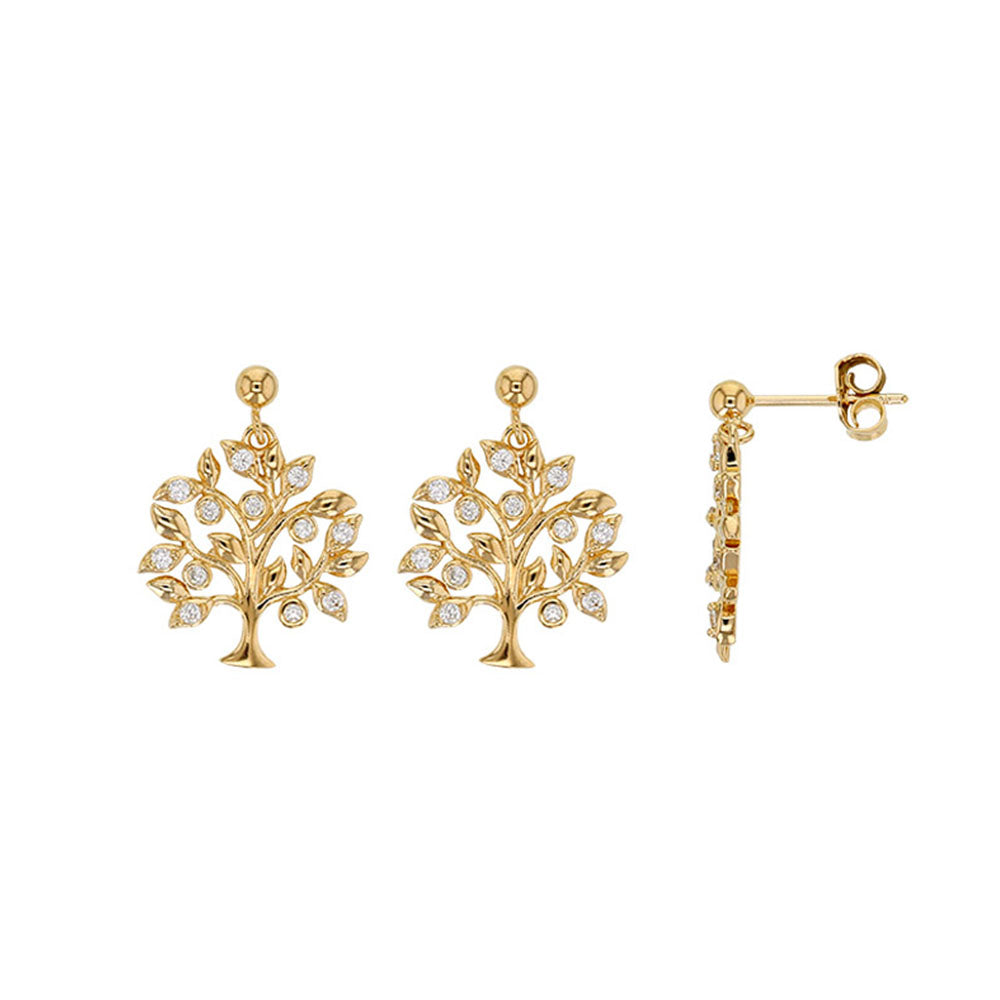 Gold Plated Willow CZ Tree of Life Stud Earrings