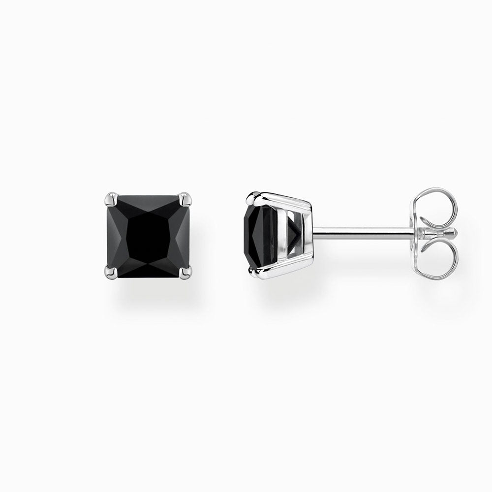 Silver Square Black Stud Earrings