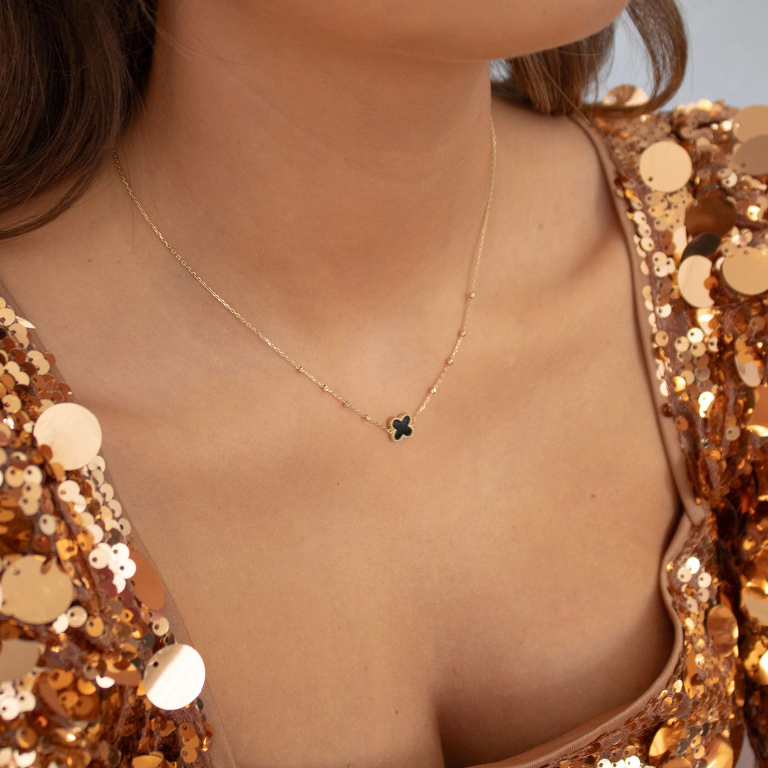 9ct Gold Black Onyx Petal and Diamond Cut Ball Necklace