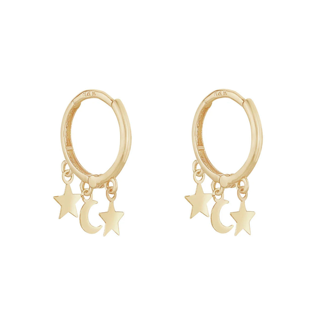 9ct Gold Star and Moon Huggie Hoop Earrings