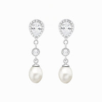 Silver CZ Pear Pearl Drop Earrings