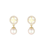 9ct Gold CZ Circle Pearl Drop Earrings