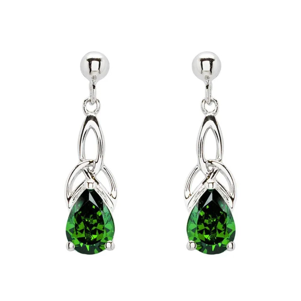 Silver CZ Emerald Trinity Knot Drop Earrings