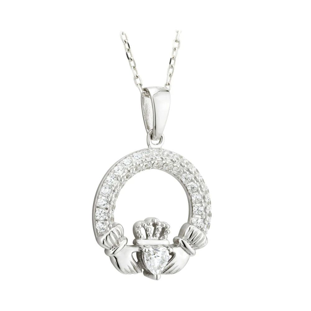 Silver Claddagh April Birthstone Necklace