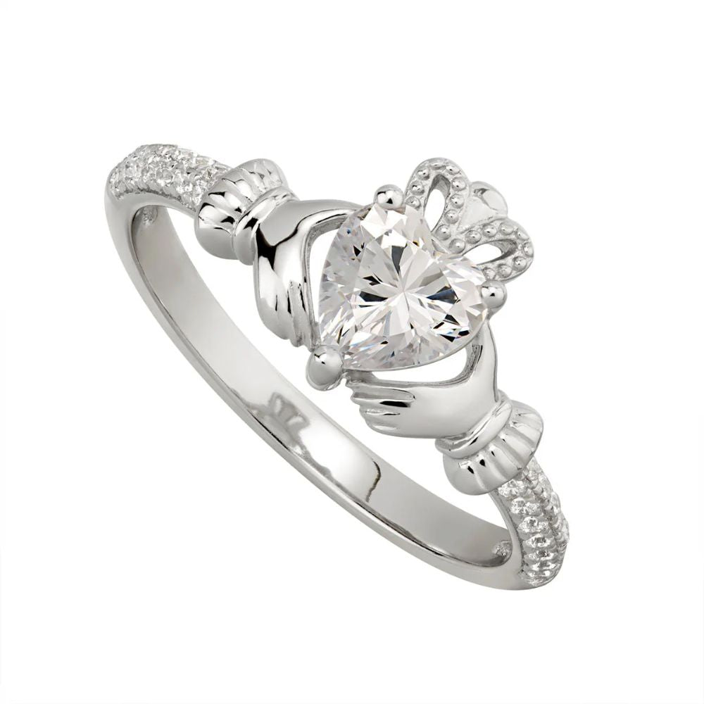 Silver April Birthstone Claddagh Ring