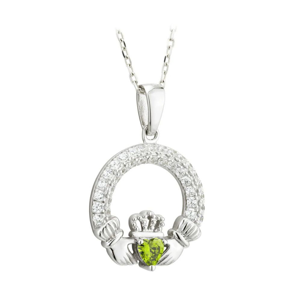 Silver Claddagh August Birthstone Necklace