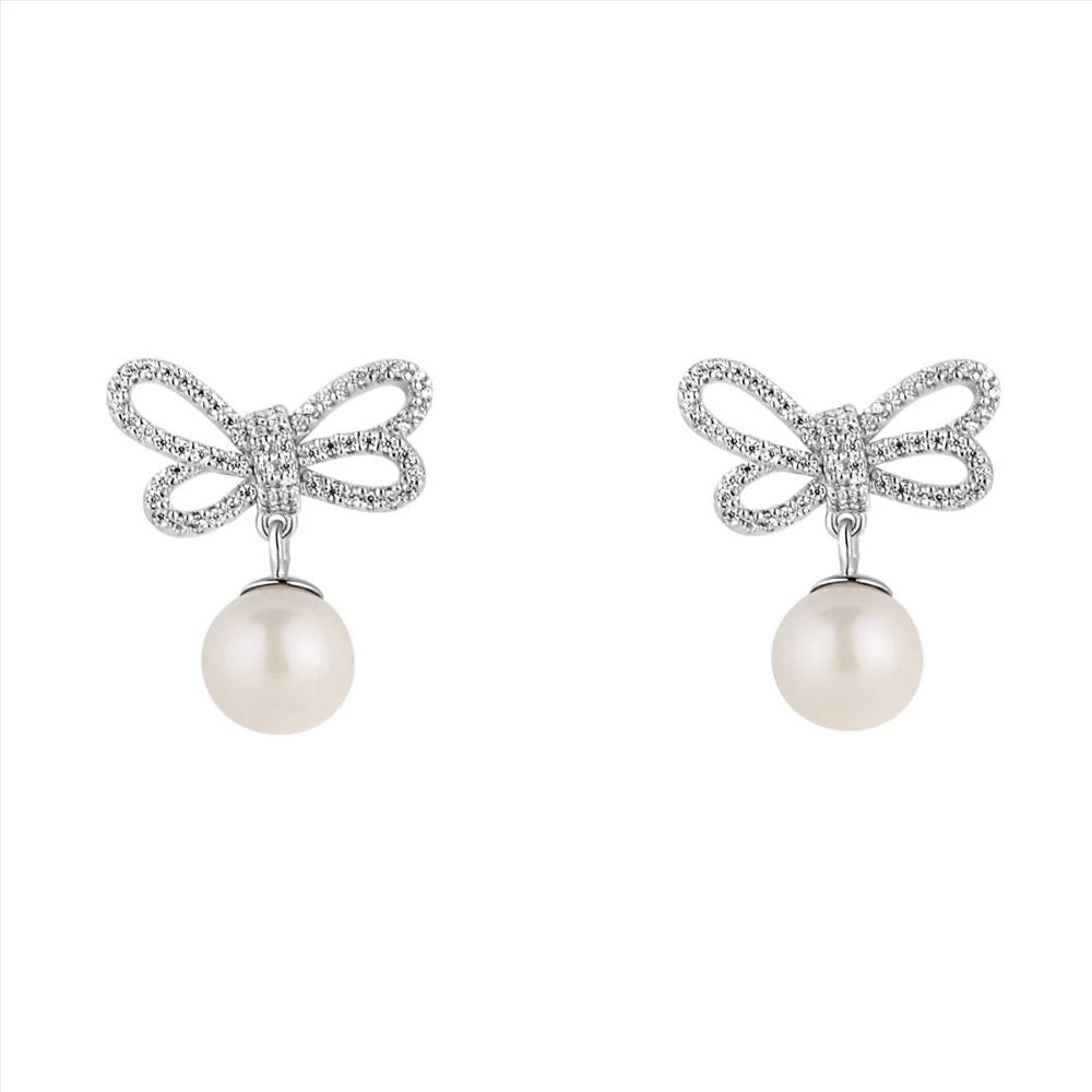 Silver CZ Bow Pearl Drop Earrings