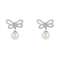 Silver CZ Bow Pearl Drop Earrings