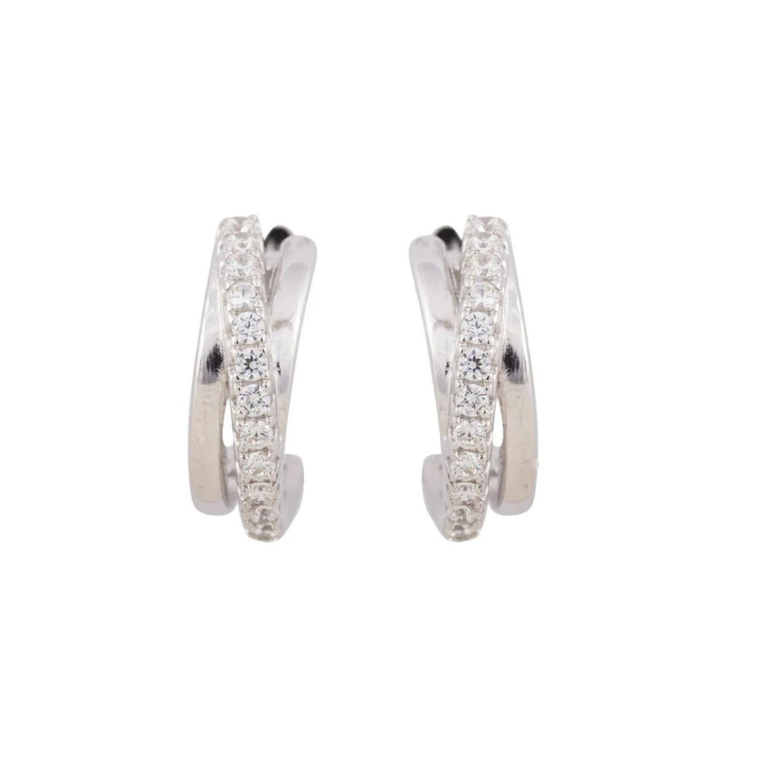 Silver CZ Crossover Huggie Hoop Earrings