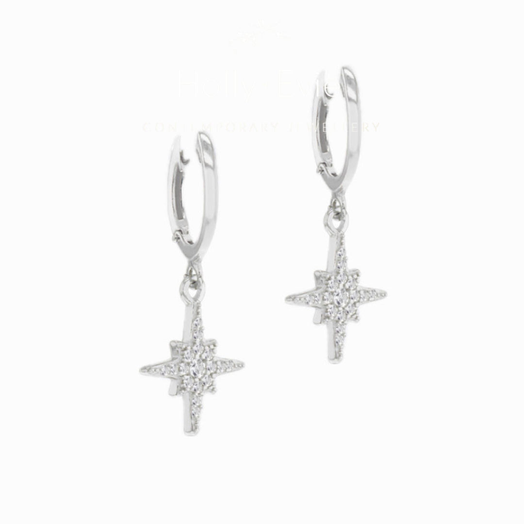 Silver CZ North Star Huggie Hoop Earrings