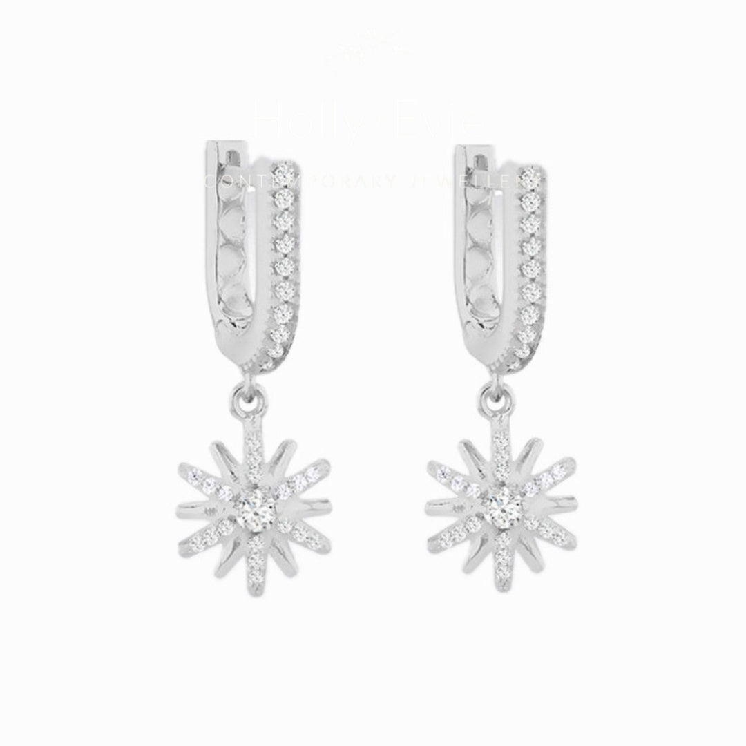 Silver CZ Star Drop Huggie Hoop Earrings