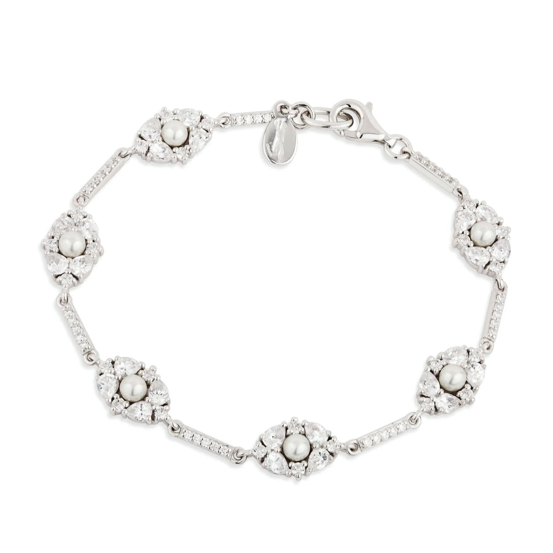 Silver CZ and Pearl Cluster Link Bracelet