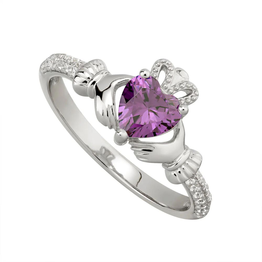 Silver February Birthstone Claddagh Ring