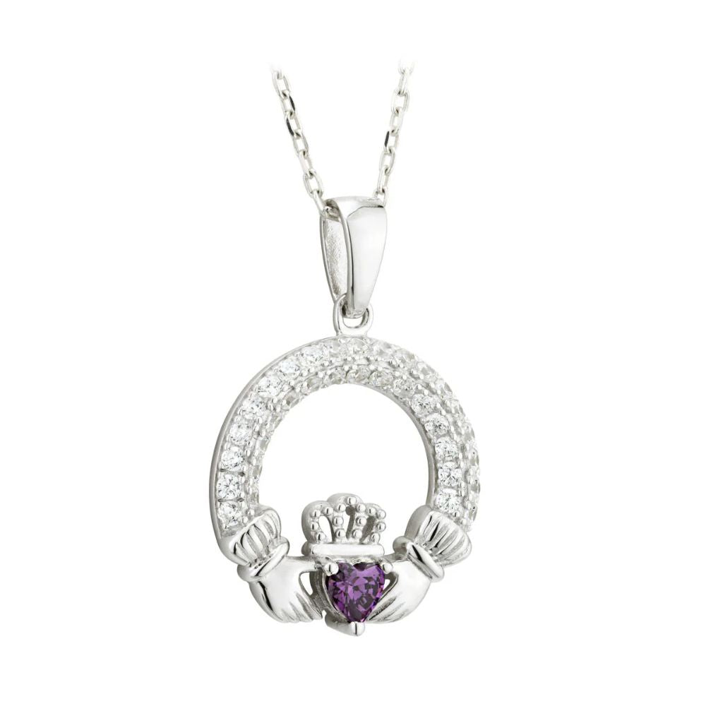 Silver Claddagh February Birthstone Necklace
