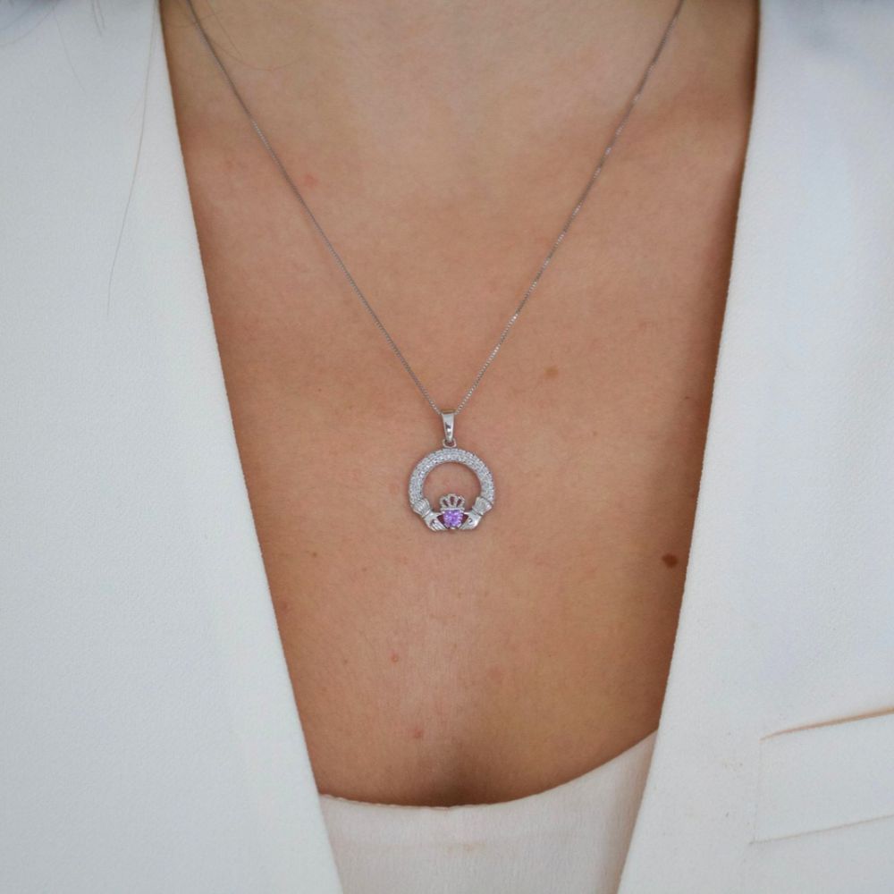 Silver Claddagh February Birthstone Necklace