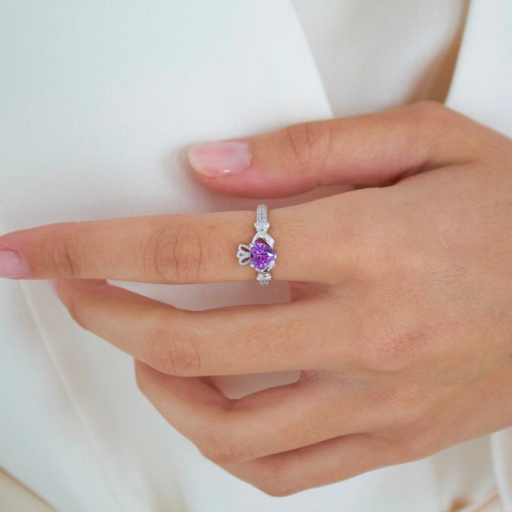 Silver February Birthstone Claddagh Ring