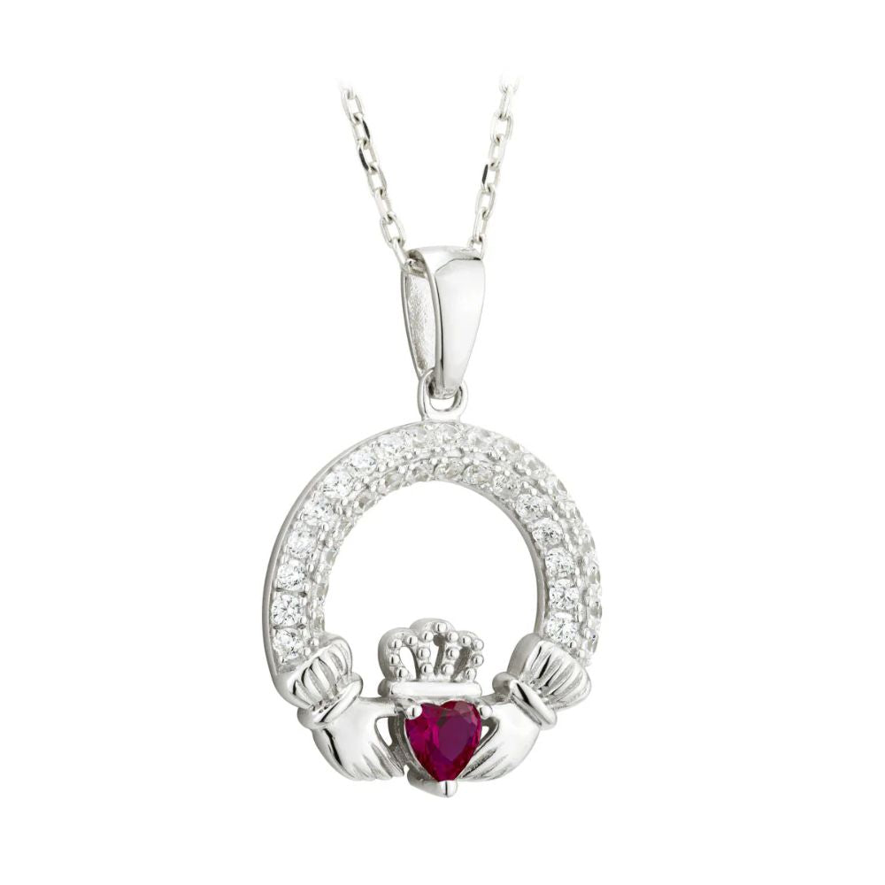 Silver Claddagh July Birthstone Necklace