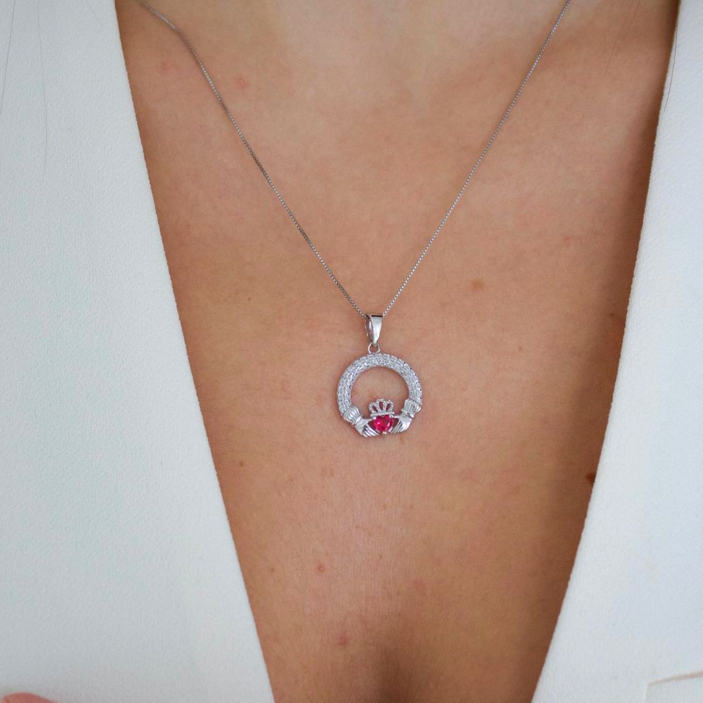 Silver Claddagh July Birthstone Necklace