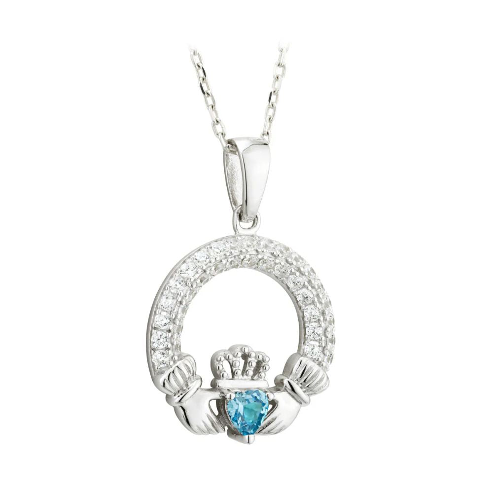 Silver Claddagh March Birthstone Necklace