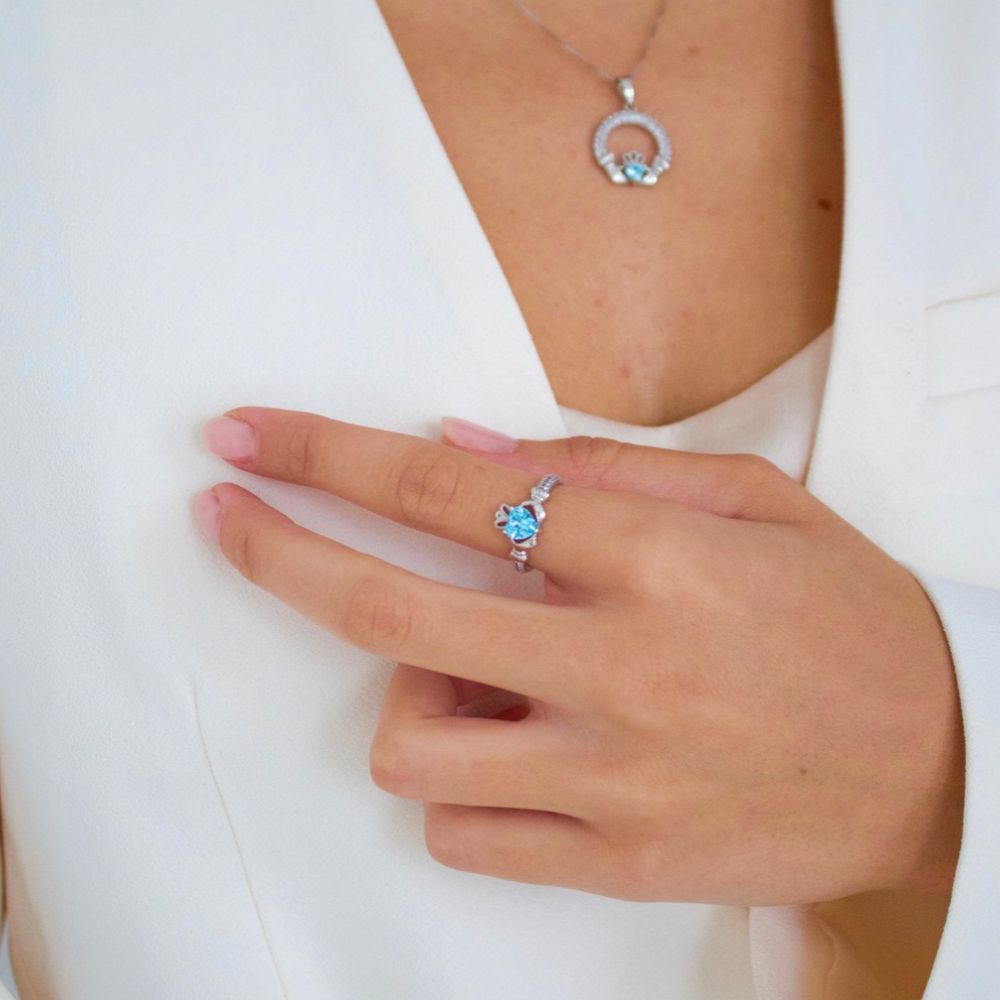 Silver March Birthstone Claddagh Ring