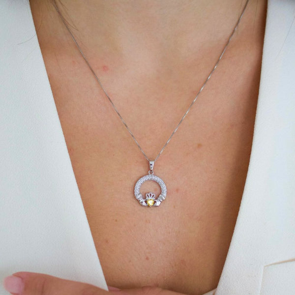 Silver Claddagh November Birthstone Necklace