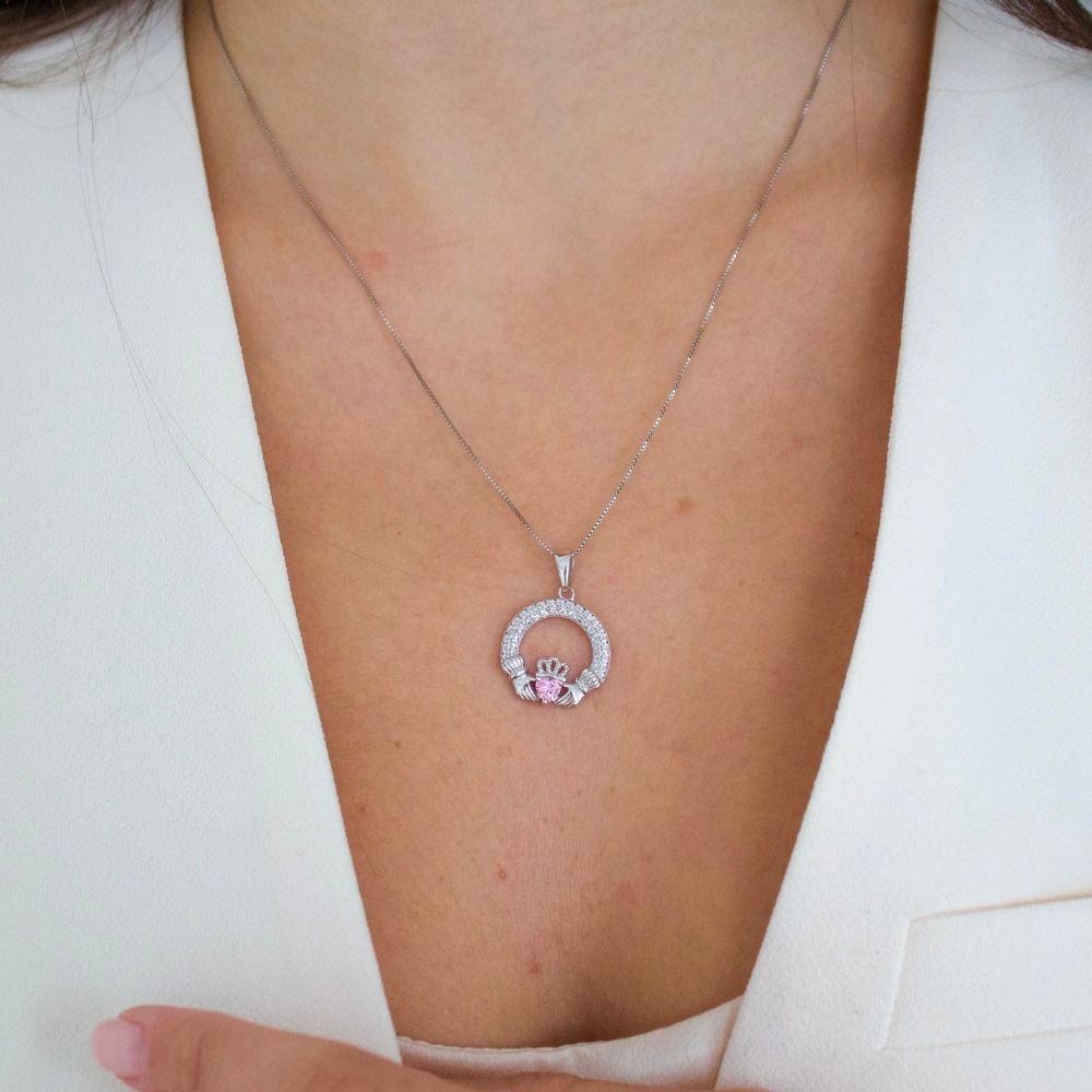 Silver Claddagh October Birthstone Necklace
